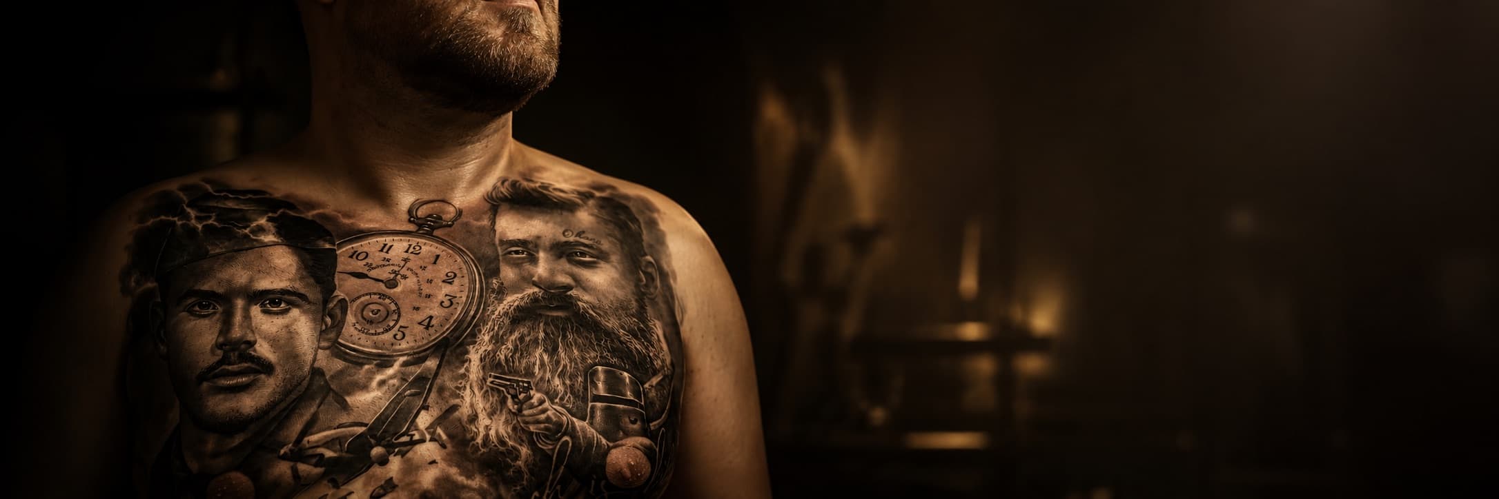 Black and grey chest portrait realism with soldier, pocket watch, bearded figure, and vintage plane at Bloodline Tattoo Bali