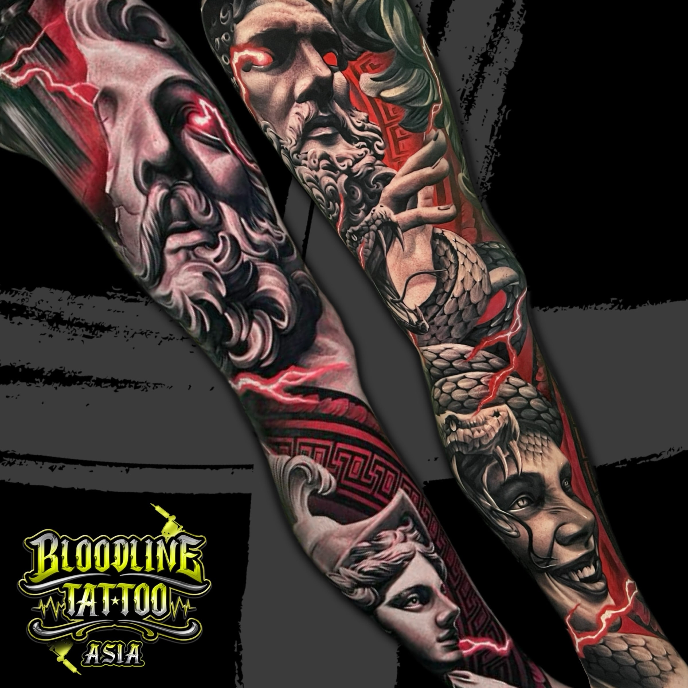 Colour Greek mythology full arm sleeve tattoo with Zeus, red lightning, Medusa, and a Greek key pattern at Bloodline Tattoo Bali.