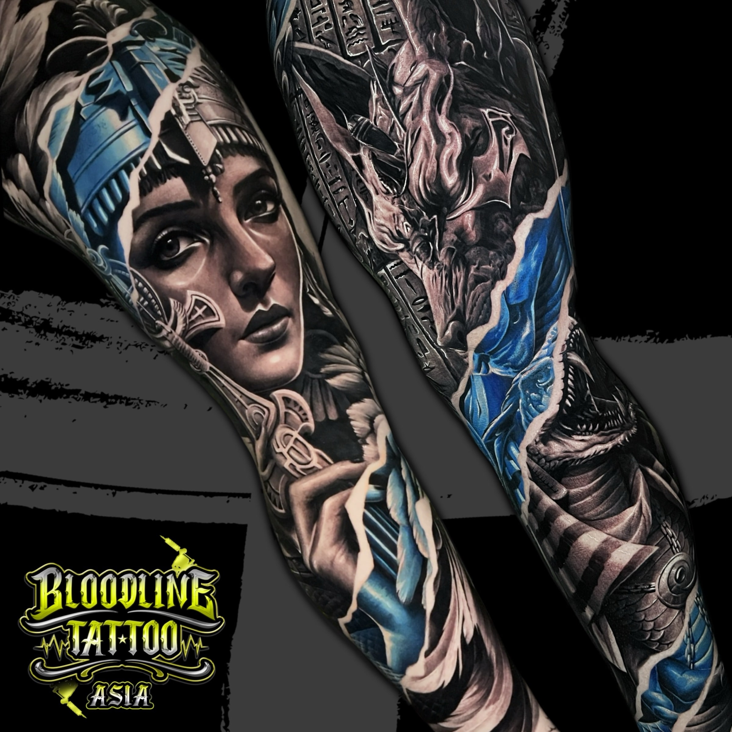 Colour Egyptian full leg sleeve tattoo with a queen portrait, Anubis, hieroglyphics, and electric blue shattered effects at Bloodline Tattoo Bali.