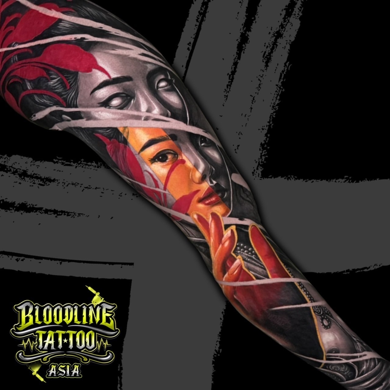 Colour surreal full arm sleeve tattoo peeling between a ghostly white face and a realistic portrait with red leaves at Bloodline Tattoo Bali.